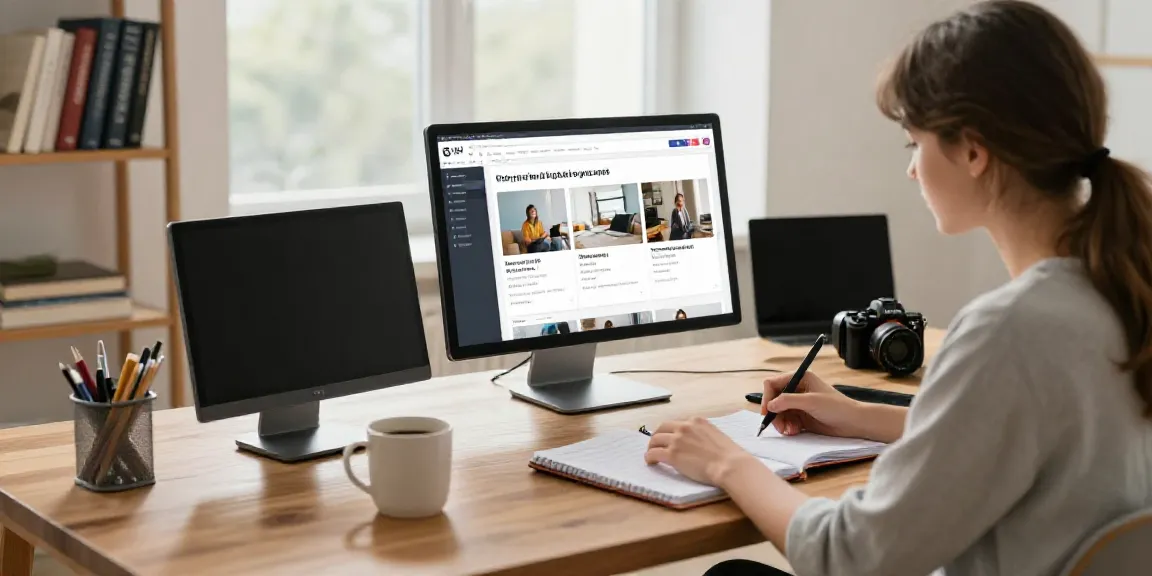 Content creator using an AI blog post generator in Polish in a warm home office.