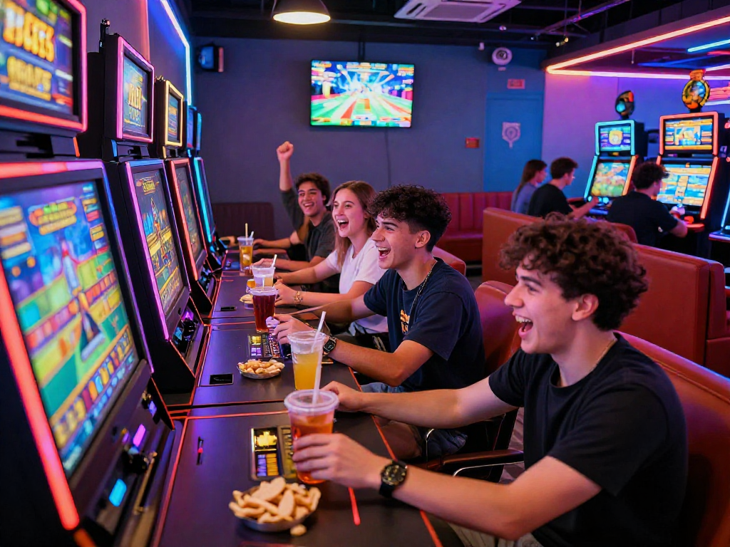 Group enjoying a lively slot88 gaming session in a neon-lit lounge.