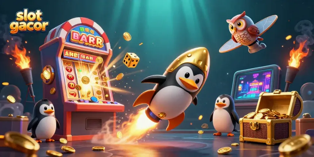 Experience thrilling excitement with slot gacor as a golden penguin blasts through a casino space scene.