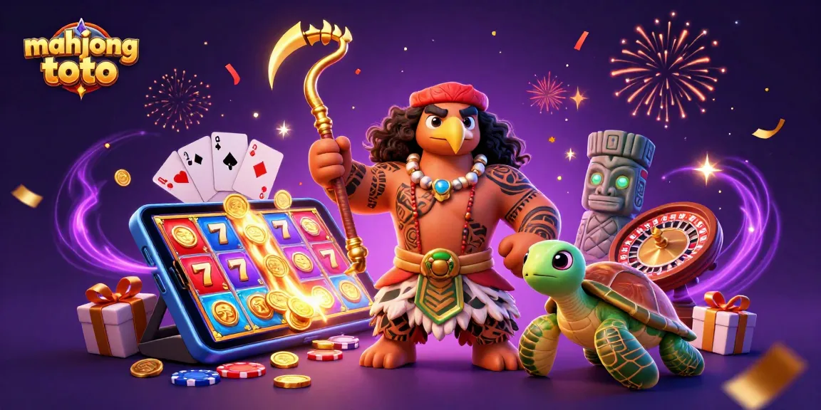 Play mahjong toto with a vibrant, festive scene featuring colorful slot games and characters.
