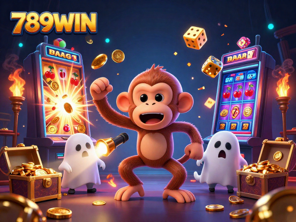 Engage with the thrilling world of 789WIN featuring a lively casino scene with playful characters and winning symbols.