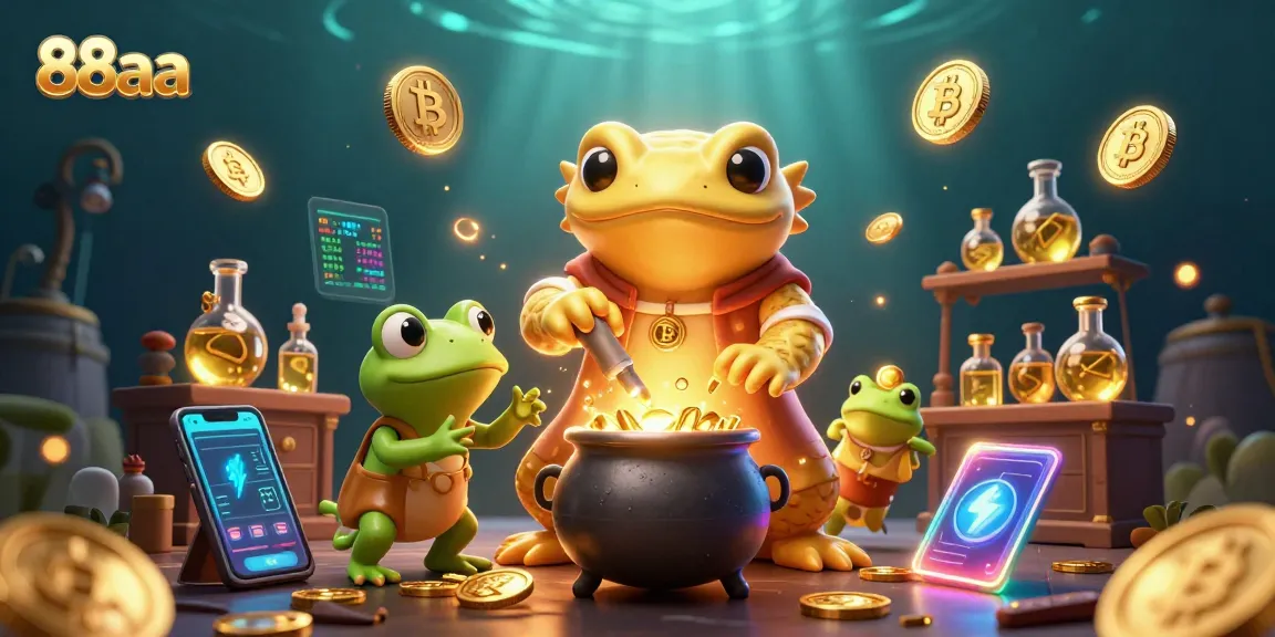 Engage in thrilling adventures with 88aa's vibrant 3D casino fantasy scene showcasing alchemical transformations and cryptocurrency.