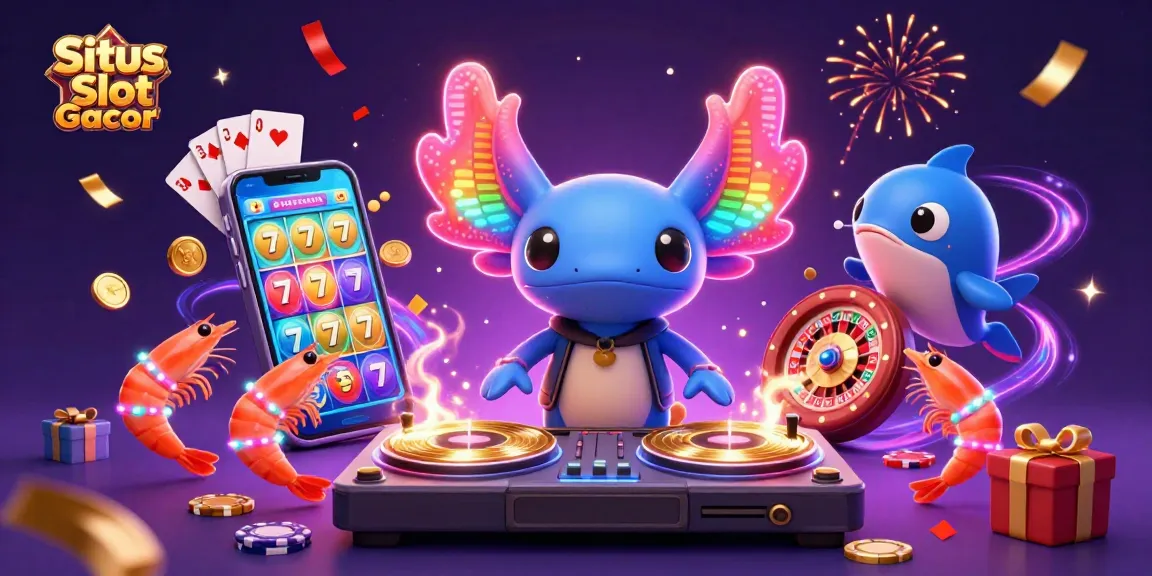 Spin vibrant slot games at Situs Slot Gacor with a lively axolotl DJ and animated sea life.
