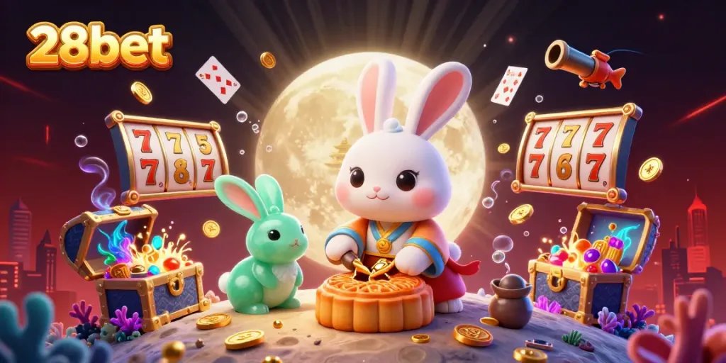 Engage with thrilling gaming at 28bet, featuring a vibrant scene of a moon rabbit and treasures.