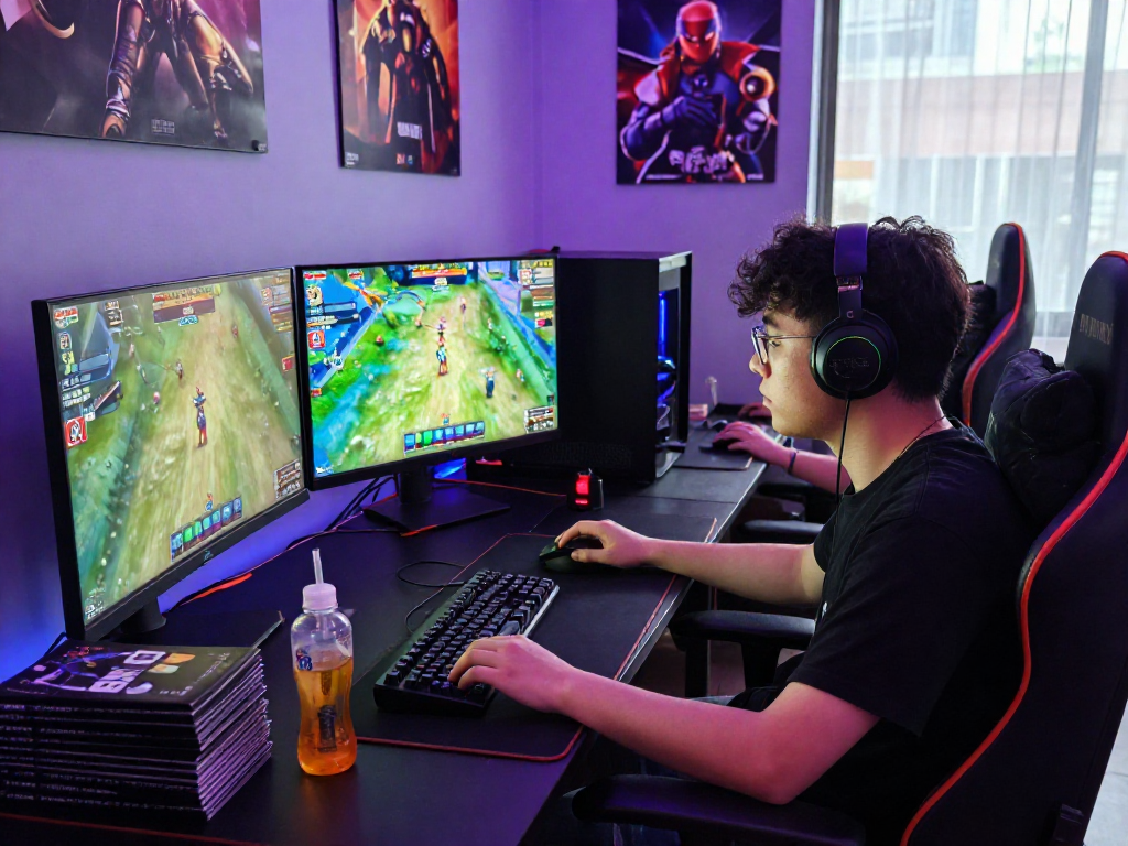 Engaged gamer playing slot88 with vibrant gaming setup and energy drink.