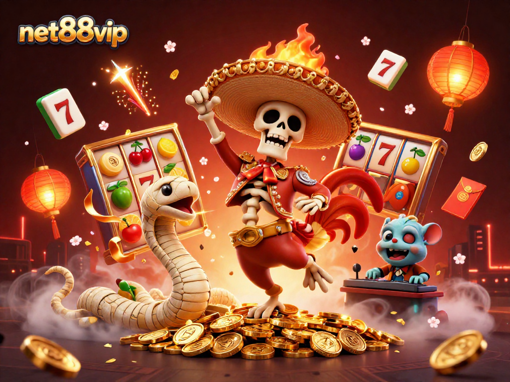 Engage with net88vip's vibrant slot reels scene featuring dynamic characters and casino elements.