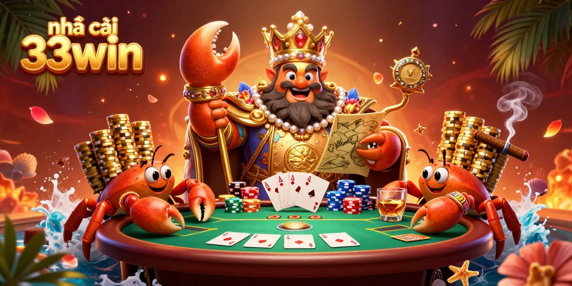 Engage with nhà cái 33win featuring a golden crab emperor at a dynamic poker table filled with vibrant game elements.