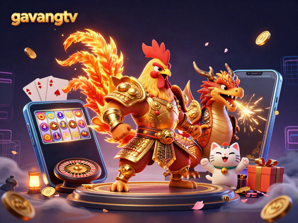 Enjoy an exciting sensation with gavangtv's lively rooster warrior and dragon amidst vibrant casino elements.