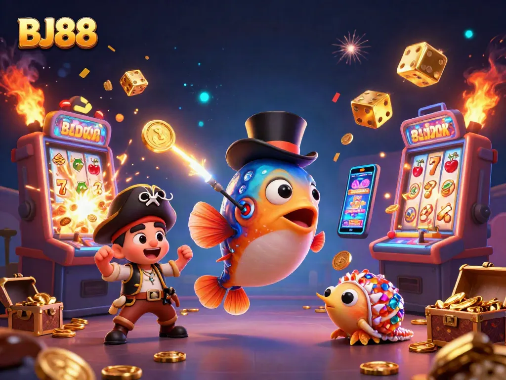 Engage with BJ88's dynamic gaming world featuring golden coins, 3D characters, and thrilling jackpots.