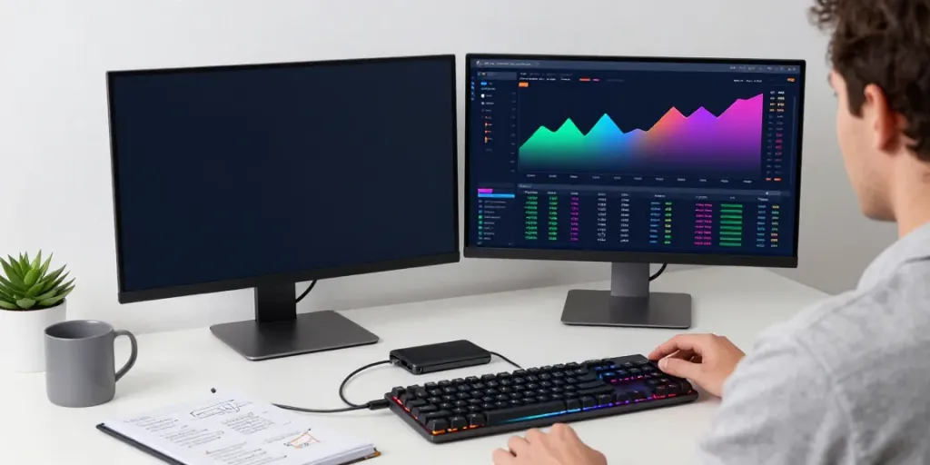 Ai Trading Software showcased in an advanced cryptocurrency trading workspace with multiple monitors and security-focused tech.