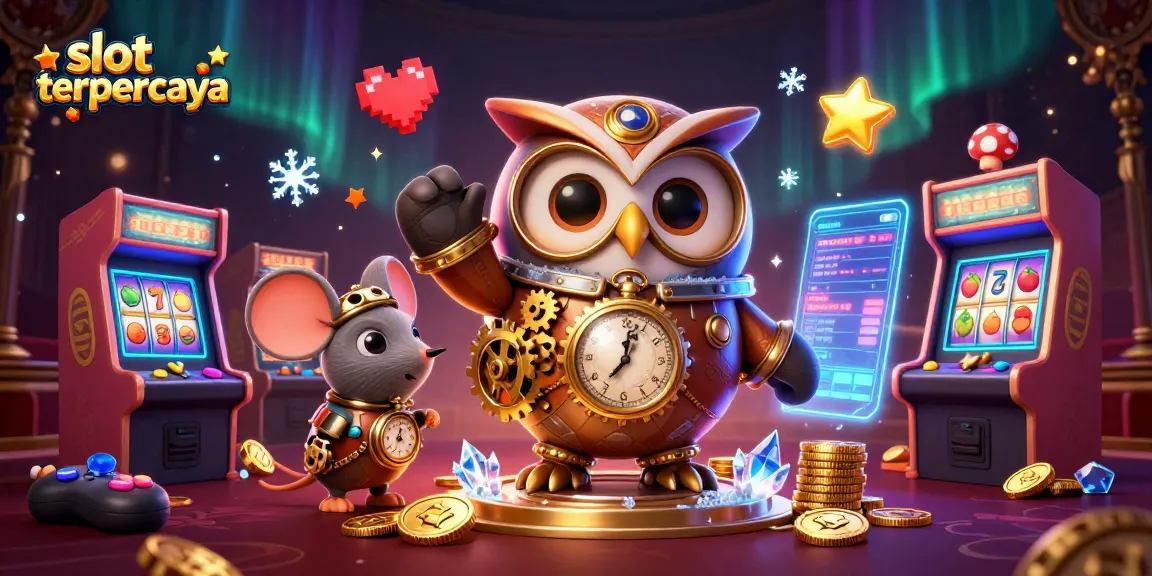Slot terpercaya dengan ilustrasi 3D kasino, termasuk simbol buah, jackpot, dan karakter menarik.