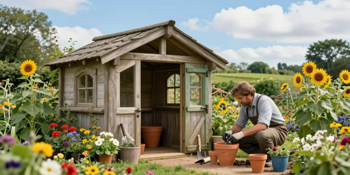 Shire potting sheds complementing a vibrant garden filled with flowers and gardening activities.