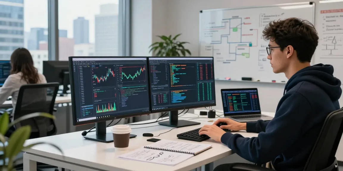 Developer using algorithmic trading API at a dynamic fintech workspace with real-time financial data.