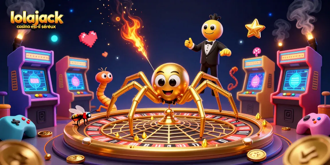 Lolajack casino est-il sérieux as a golden spider spins a roulette wheel web with game elements surrounding it.