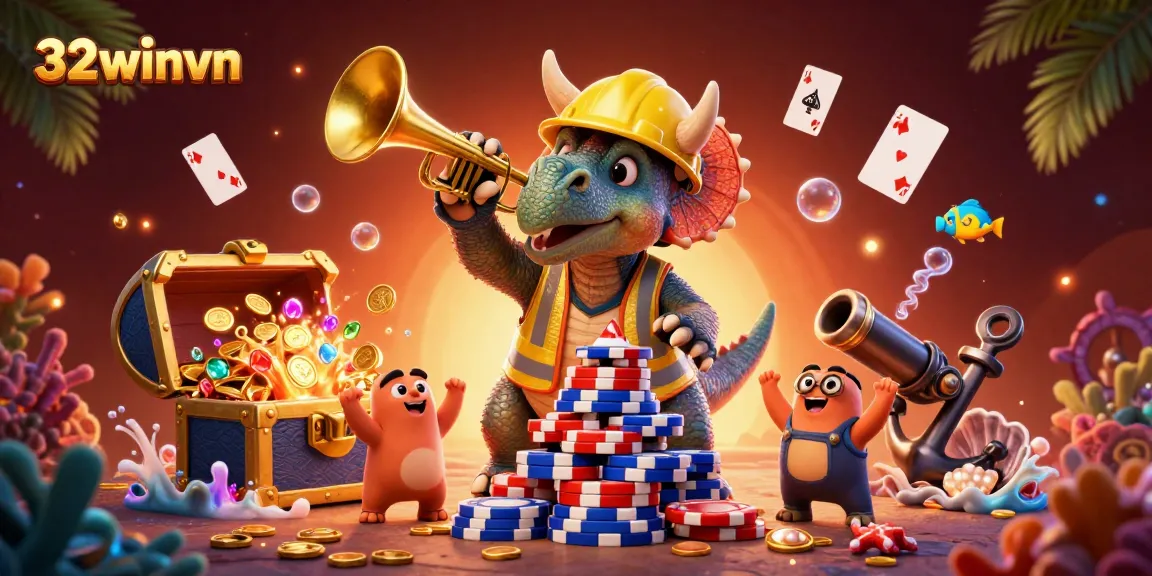 Engage in fun with 32winvn's vibrant casino scene showing a triceratops building poker chips amidst celebratory characters.