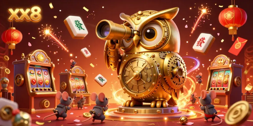 Experience winning with xx8's vibrant casino world, featuring a golden owl and bustling patrons in a 3D illustration.