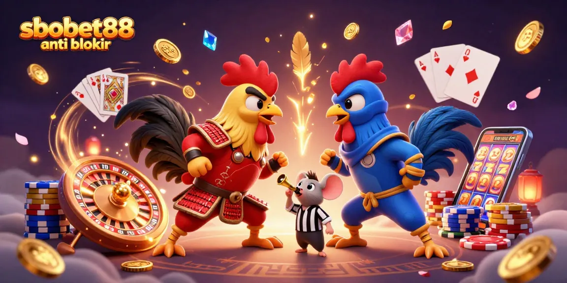 Engage in thrilling moments with sbobet88 anti blokir featuring unique fighting roosters amidst casino elements.