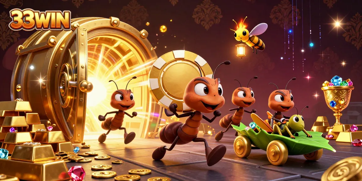 33WIN showcases a heist scene with cartoon ants carrying a giant poker chip, emphasizing excitement in gaming.