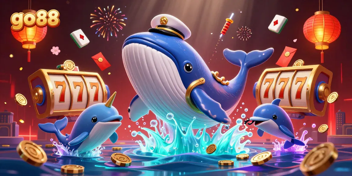 Engage with go 88's thrilling casino experience featuring a whale captain amid slot reels and playful dolphins.