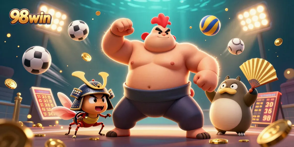 Bet on 98win as a powerful sumo rooster stomp winning among dynamic sports elements in a thrilling 3D casino scene.