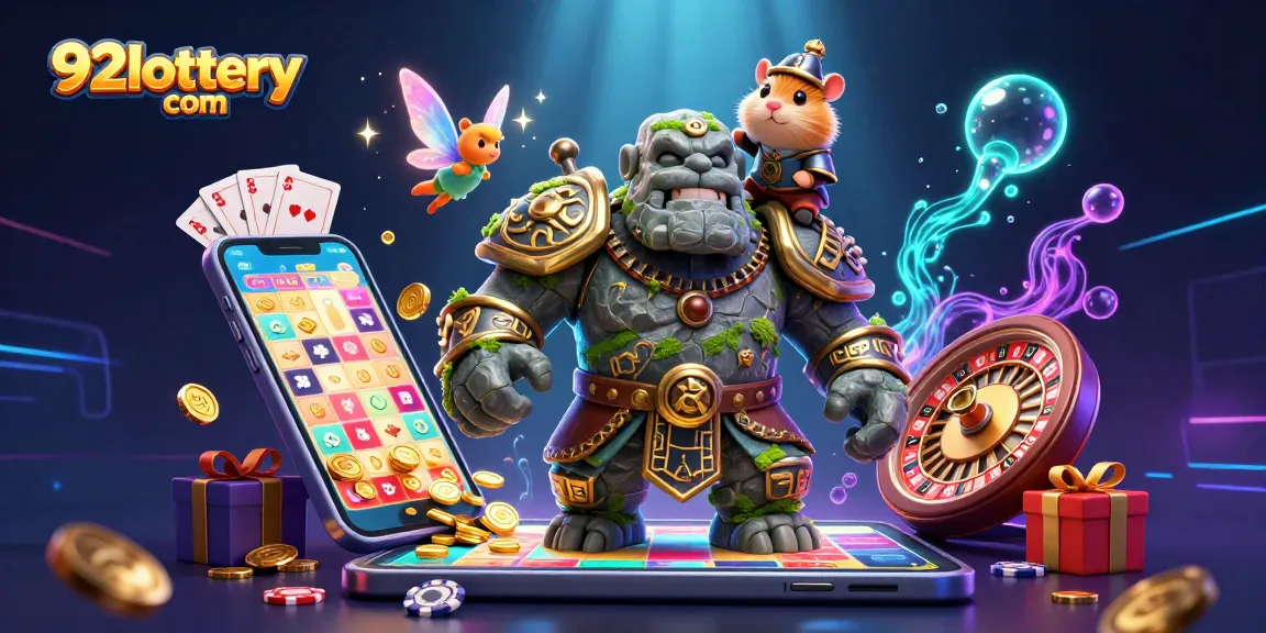 Engage with 92lottery com through a vibrant scene of magical characters and lottery elements.