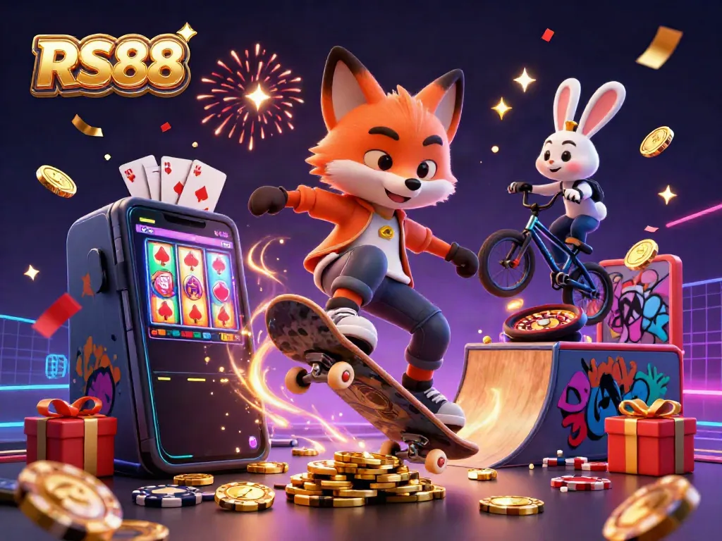 Experience excitement with RS88 as a skateboarder fox and BMX rabbit celebrate with vibrant casino elements.