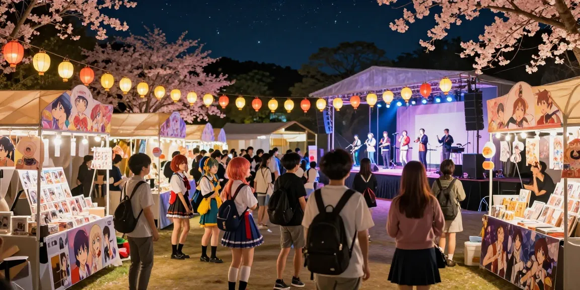 Vibrant anime festival scene captured at night, highlighting fun and excitement around https://animehay.zip/ with cosplayers and colorful stalls.