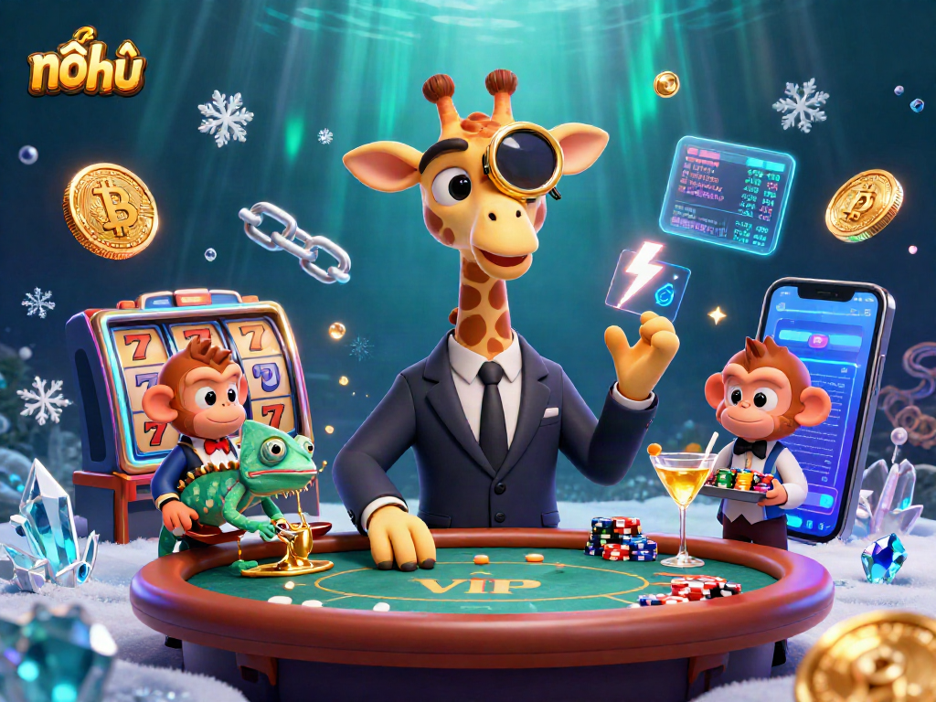 Spin the reels and win with nổ hũ at the vibrant casino, featuring animated characters and crypto elements.