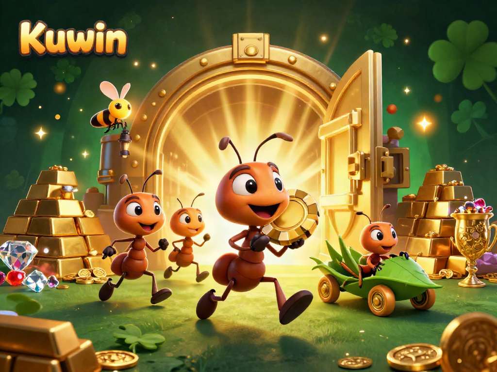Kuwin showcases a heist where ants carry a giant poker chip amidst treasure, evoking excitement in gaming.