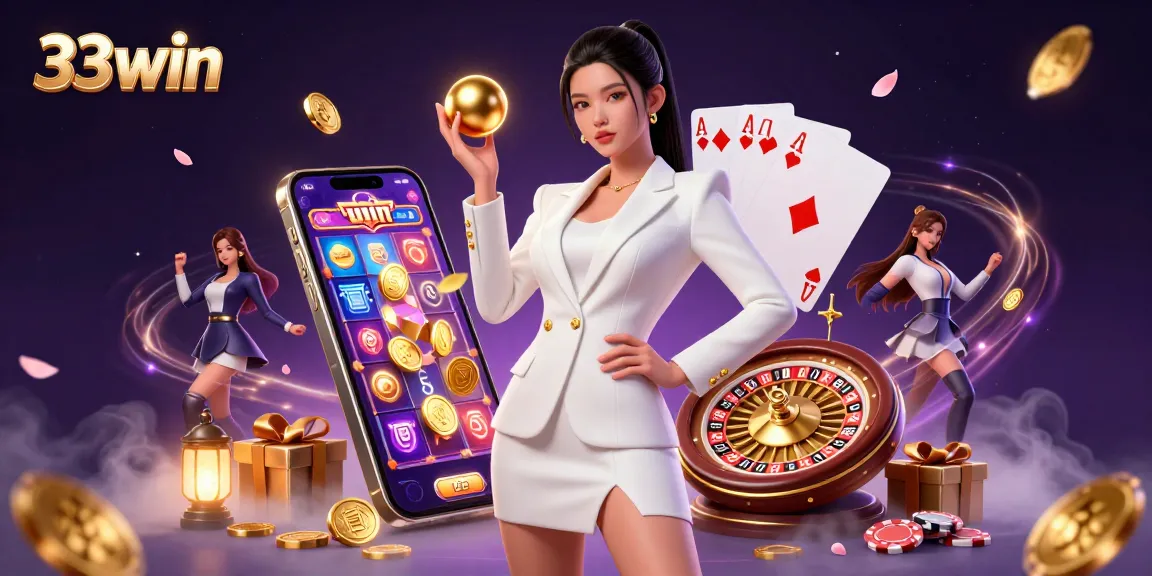 Experience the thrill of 33win casino with vibrant slot games and luxurious casino elements.