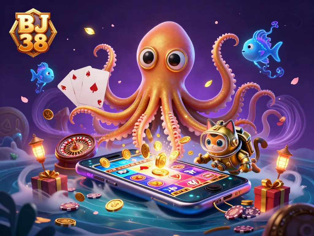 BJ 38 enhances your gaming adventure with a thrilling scene of casino action and colorful slot games.