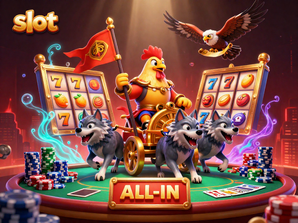 Spin slots for big wins with a roaring 3D rooster warlord and vibrant gameplay elements.