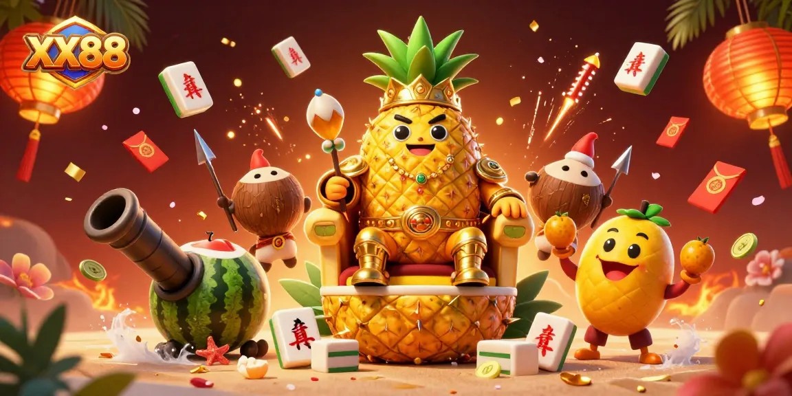 Experience the vibrant XX88 casino scene with a golden pineapple king, lively characters, and rich game elements.