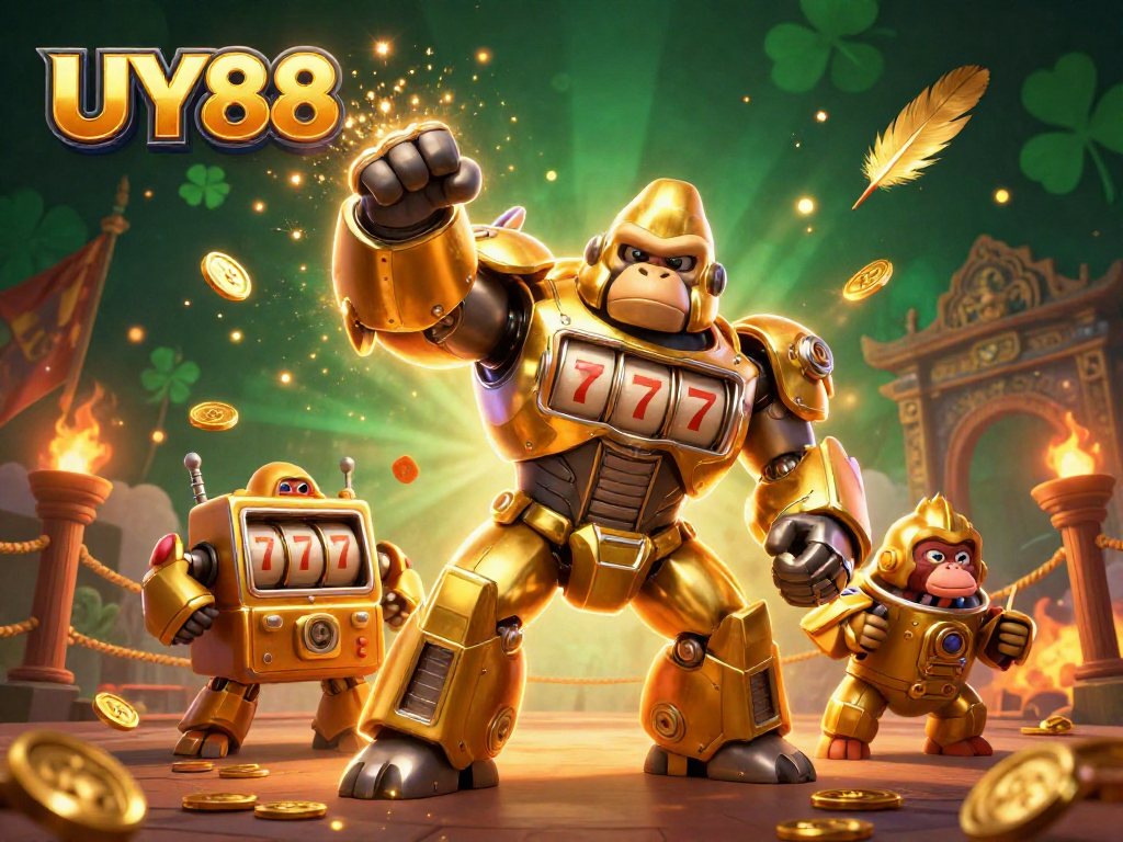 Experience thrilling action at UY88 with a golden gorilla mech smashing through coins in vibrant 3D!