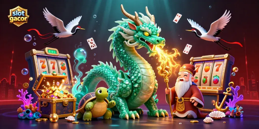 Experience the excitement of slot gacor with a jade dragon and lucky symbols in vivid detail.