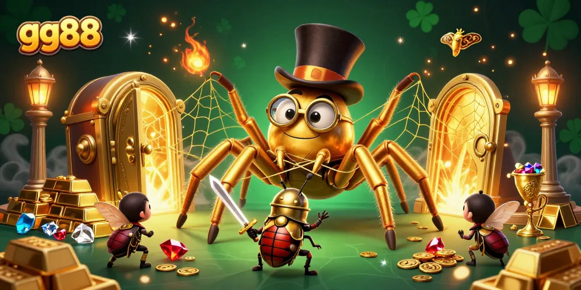 Engage with the thrilling world of gg88 in this vibrant casino-themed 3D illustration featuring a golden tarantula weaving a web of riches.