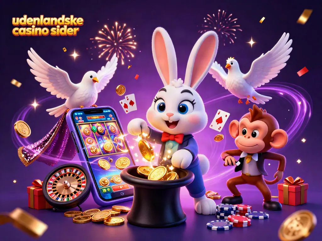 Engage in the excitement of udenlandske casino sider with a 3D magician rabbit, coins, and poker fun.