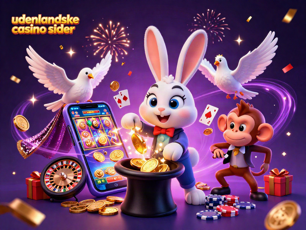 Engage in the excitement of udenlandske casino sider with a 3D magician rabbit, coins, and poker fun.