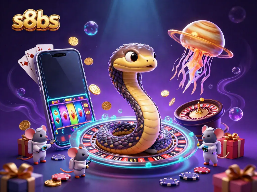 Bet on casino games like slots and roulette with s8bs in a vibrant cosmic scene.