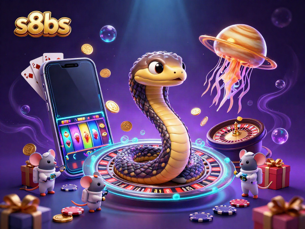 Bet on casino games like slots and roulette with s8bs in a vibrant cosmic scene.