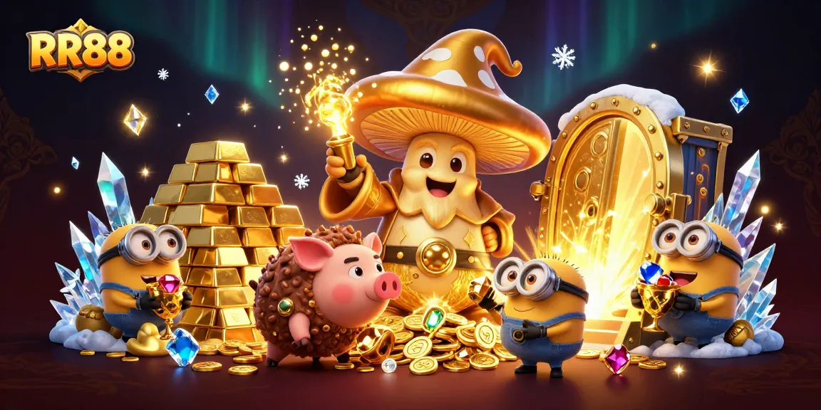 Experience the magic of RR88 with golden treasures and magical characters in this vibrant illustration.