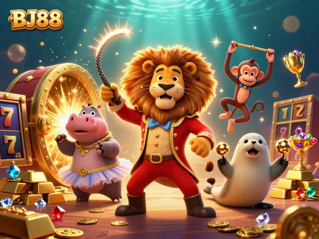Experience thrilling slots action with BJ88's vibrant casino scene featuring lively characters.