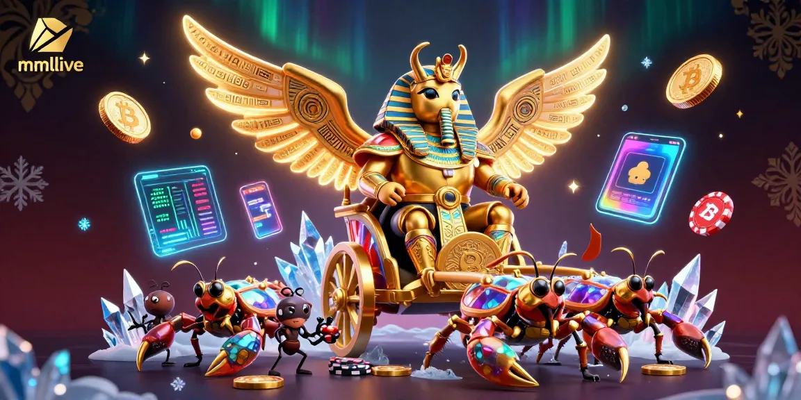 Experience mmlive with an exciting 3D scene featuring golden beetles and crypto elements.