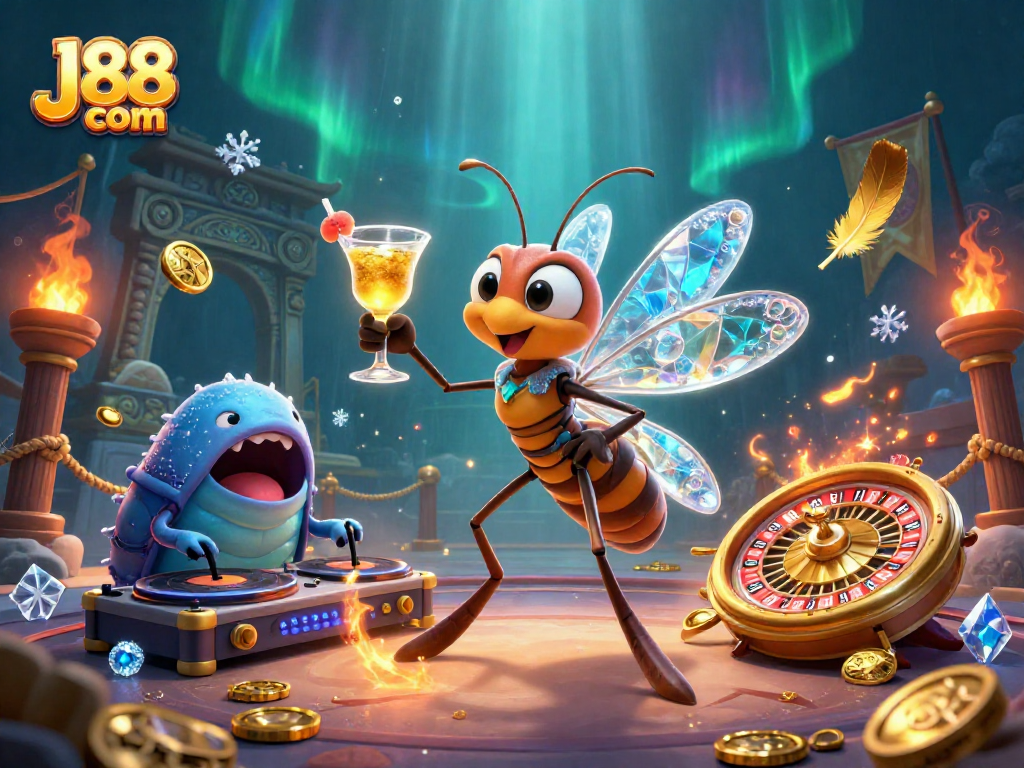 Engage with the thrilling spirit of J88 com, featuring a dynamic 3D casino scene of characters and festive decorations.