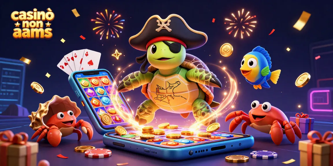 Casinò non AAMS: esplora giochi d'azzardo interattivi con tartaruga pirata e tesoro scomparso.