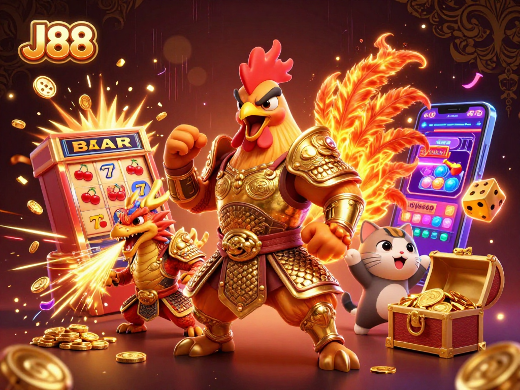 Experience thrilling wins with J88 in a dynamic casino scene featuring powerful characters and jackpots.