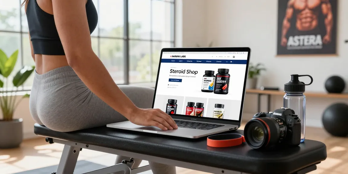 Browsing the Astera Shop online for fitness supplements in a bright home gym.