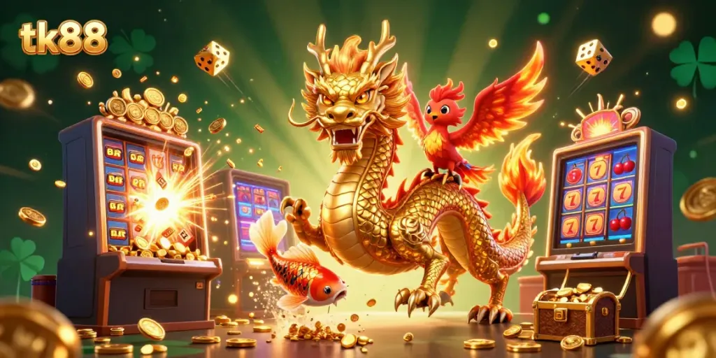 Experience the thrill of gaming with tk88's vibrant 3D scene featuring a dragon, phoenix, and koi fish amidst slot machines and coins.