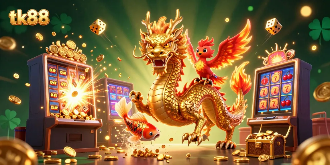 Experience the thrill of gaming with tk88's vibrant 3D scene featuring a dragon, phoenix, and koi fish amidst slot machines and coins.