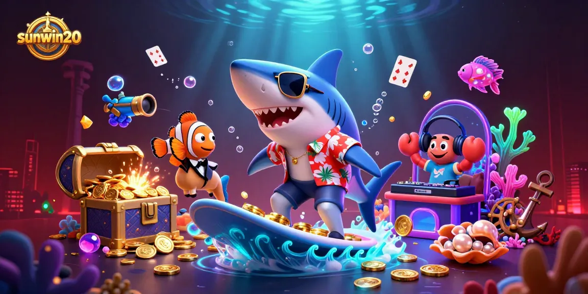 Engage with thrilling casino adventures at sunwin20 featuring a shark surfing gold coins.